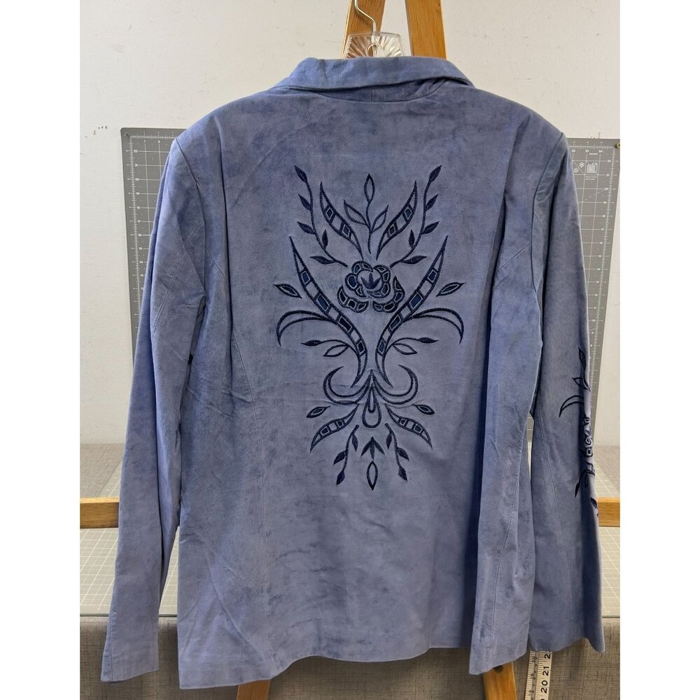 Victor COSTA "Occasion" Women's Leather Jacket Sz. M Embroidered Cut Out BLUE - Picture 2 of 11